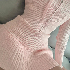 Knitted Cable Knit Zipper Hobbie Top and Mini Skirt Set