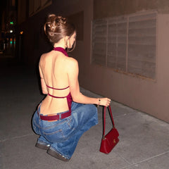Red Open Back Halter Strap Top