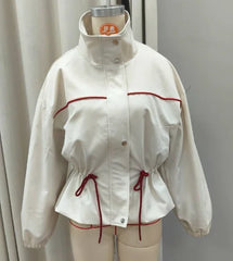 High Neck Snap Button Drawstring Crop Jacket