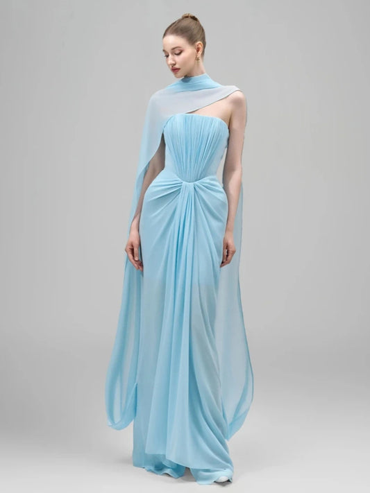 Strapless Folds Design Long Dress With Scarf