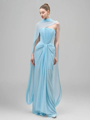 Strapless Folds Design Long Dress With Scarf