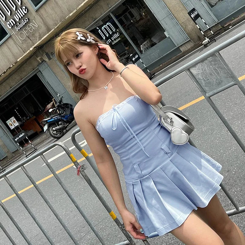 Blue Pleated Strapless Mini Dress