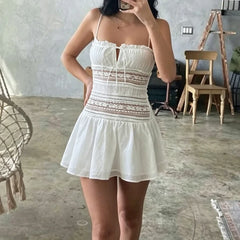 White Spaghetti Strap Lace Tiered Mini Dress