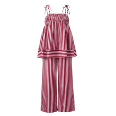 Red Striped Tie Up Strap Babydoll Top and Straight Pants Loungewear Set