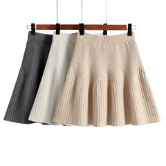 Solid A-line Knitted Pleated Mini Skirt Free From Label