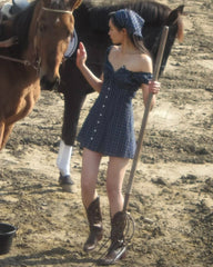 Off-Shoulder Plaid Buttoned Mini Dress