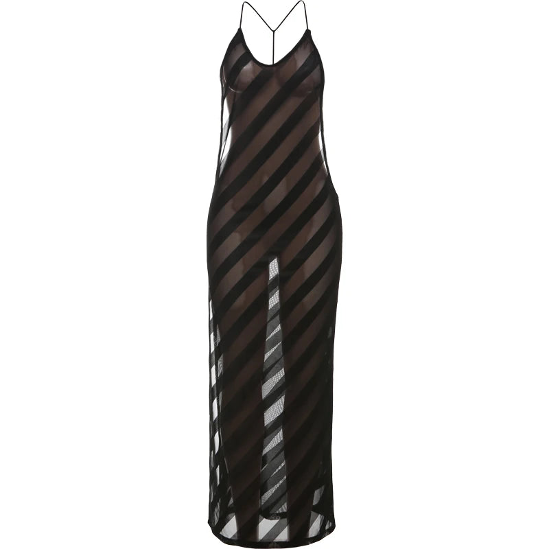 black sheer stripe dress Inka Sheer Striped Maxi Dress