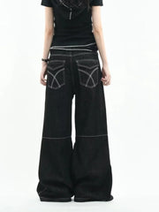 Black Rivet Metal Buckle Embellishment Wide Leg Jeans