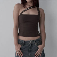 Metal Eyelet Cross Halter Square Neck Top