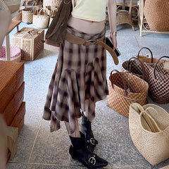 Irregular Hem Plaid Printed Midi Skirt