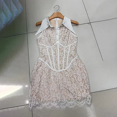 Lace Sleeveless Button Up Mini Dress