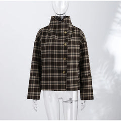 Plaid Asymmetric Button Stand Collar Jacket