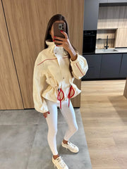 High Neck Snap Button Drawstring Crop Jacket