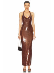 Brown Sequin Halter Maxi Dress