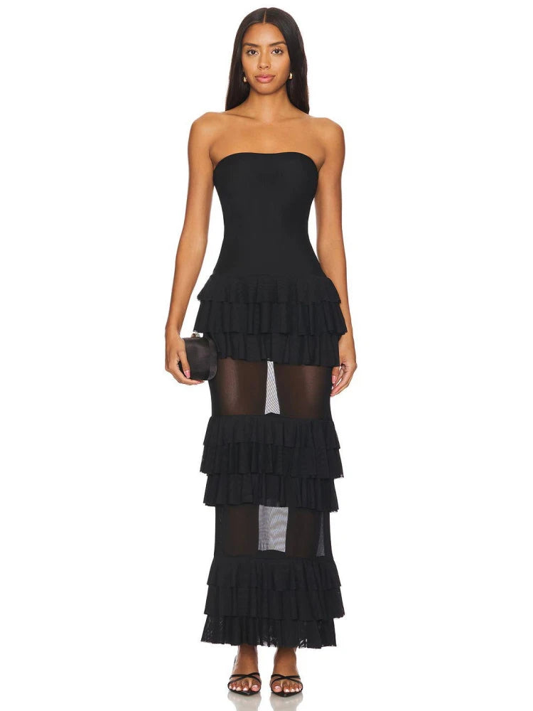 Women's black strapless maxi dress, ruffles and patchwork.