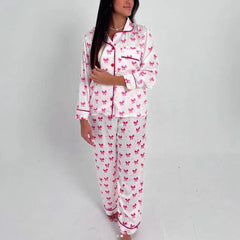Bow Print Satin Loungewear Pajama Set