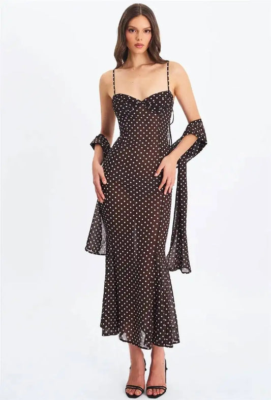 Black Polka Dot Sweetheart Neck Spaghetti Strap Scarf Maxi Dress