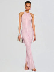 Pink O-Neck Folds Diamonds Long Dress