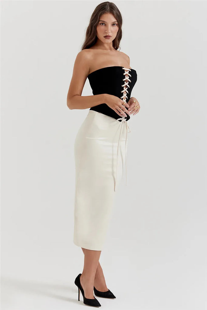 Black Lace Up Tube Top And White Satin Midi Skirt Set
