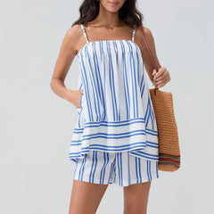 Blue Striped Cami Babydoll Top And Shorts Set