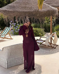 Knitted Long Sleeve Deep V-Neck Ring Detail Maxi Dress