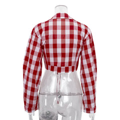 Red Plaid Drawstring Cropped Shirt