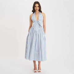 Blue Stripe Deep Halter Maxi Dress