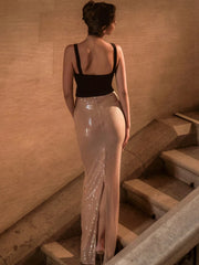 Beige V-Neck Sequin Patchwork Long Dress