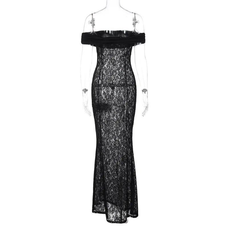 Black Sheer Lace Off Shoulder Maxi Dress