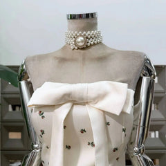 White Satin Floral Strapless Bow Tulle Hem Mini Dress