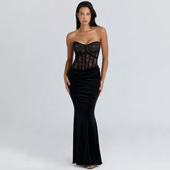 Black Lace Corset Velvet Patchwork Maxi Dress