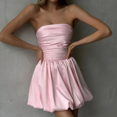 One-Shoulder Strapless Satin Ruched Hem Solid Mini Dress