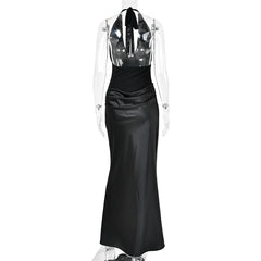 Halter Backless Tie Draped Waist Satin Maxi Dress