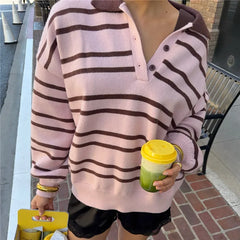 Pink Knit Brown Striped Half Button Long Sleeve Jumper Top