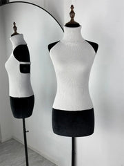 Ribbed Knit Turtleneck Cutout Shoulder  Vest Long-Sleeved Shawl 2-Piece Set Top