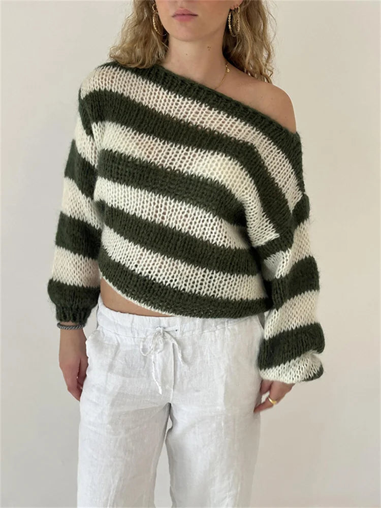 【NONCODE】(Unisex) Rumin Stripe Off-Shoulder Knit Knit Striped Off-shoulder Sweater - Free From Label