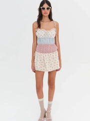 Floral Printed Patchwork Ruched Tie Up Strap Mini Dress