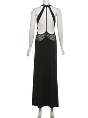 Black Low-Neck Lace Patchwork High Split Maxi Dress
