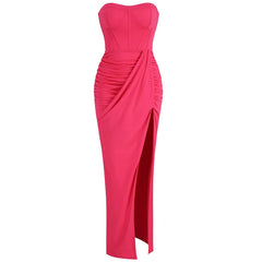 Strapless Rose Corset Pleated Asymmetrical Split Maxi Dress