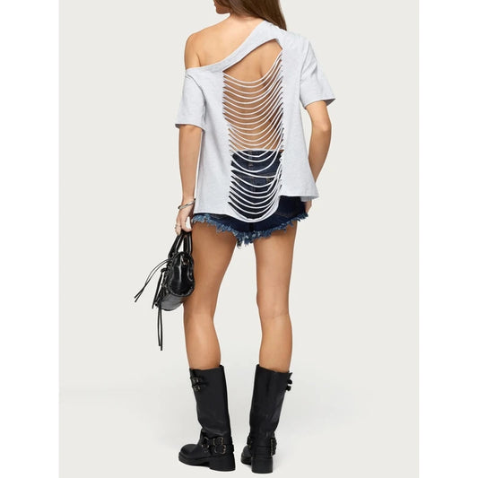 Off Shoulder Short Sleeve Distressed Tee