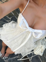 White Bow Sweetheart Spaghetti Strap Lace Overlay Sheer Mini Dress