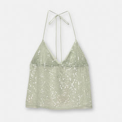 Sequin Sheer Open Back Tie Up Top