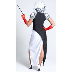 “Cruella de Vil Halloween outfit with wig and cigarette holder”