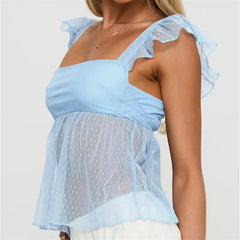 Blue Sheer Square Neck Ruffle Strap Top
