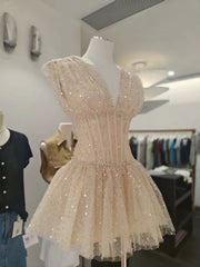 Sequin Tulle V-neck Mini Dress