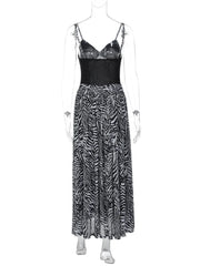 Zebra Print Spaghetti Strap Mesh Corset Patchwork Maxi Dress