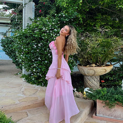 Pink 3d Floral Ruffles Maxi Dress