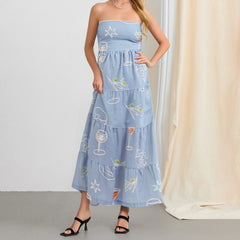 Long Sleeveless Tube Blue Printed Beach Dress