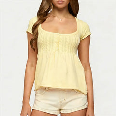 Knit Peplum Square Neck Button Down Top