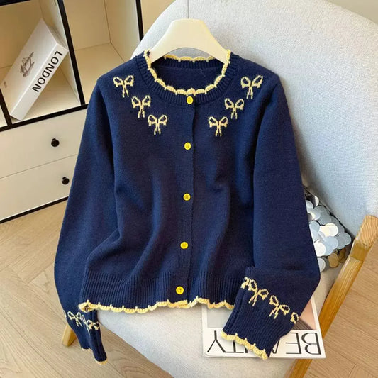 Jacquard Bow Round Neck Knitted Cardigan